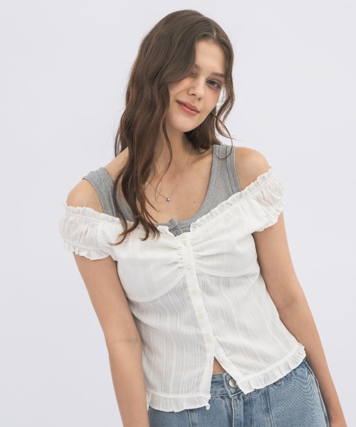 2way shirring puff frill blouse/ 2wayコットンパフスリ