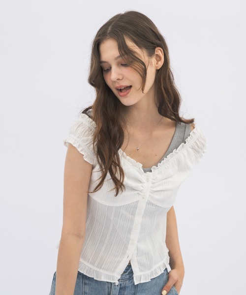 idem(イデム)の「2way shirring puff frill blouse/ 2wayコットンパフスリブラウス(シャツ/ブラウス・レディース・ブルー/ホワイト・FREE)」の12枚目の写真