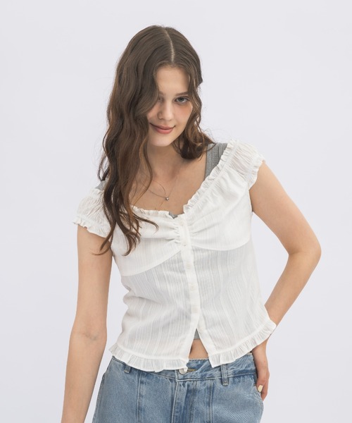 idem(イデム)の「2way shirring puff frill blouse/ 2wayコットンパフスリブラウス(シャツ/ブラウス・レディース・ブルー/ホワイト・FREE)」の13枚目の写真