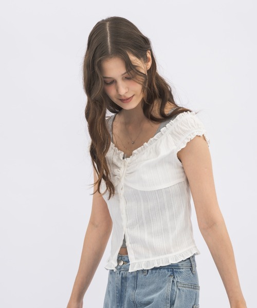 idem(イデム)の「2way shirring puff frill blouse/ 2wayコットンパフスリブラウス(シャツ/ブラウス・レディース・ブルー/ホワイト・FREE)」の14枚目の写真