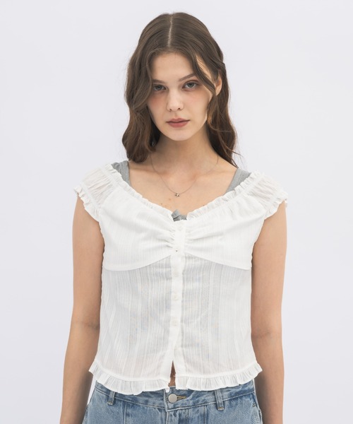 idem(イデム)の「2way shirring puff frill blouse/ 2wayコットンパフスリブラウス(シャツ/ブラウス・レディース・ブルー/ホワイト・FREE)」の15枚目の写真