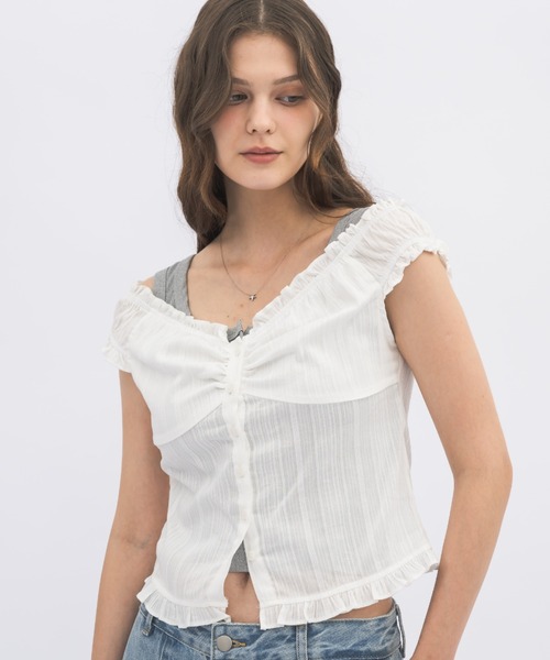 idem(イデム)の「2way shirring puff frill blouse/ 2wayコットンパフスリブラウス(シャツ/ブラウス・レディース・ブルー/ホワイト・FREE)」の16枚目の写真