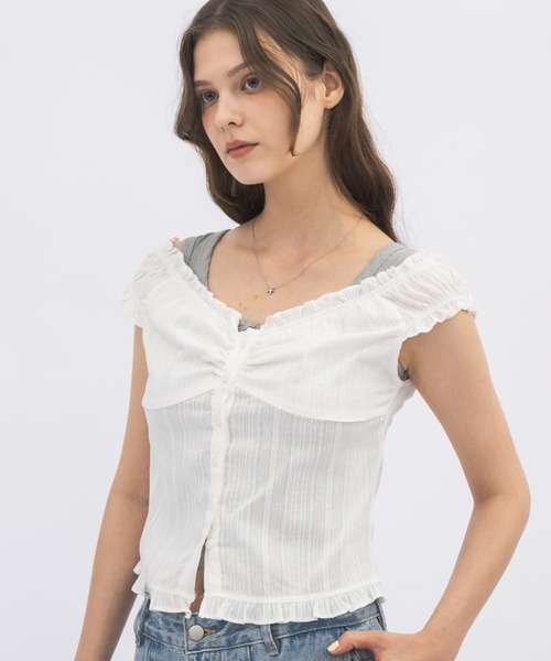 idem(イデム)の「2way shirring puff frill blouse/ 2wayコットンパフスリブラウス(シャツ/ブラウス・レディース・ブルー/ホワイト・FREE)」の17枚目の写真
