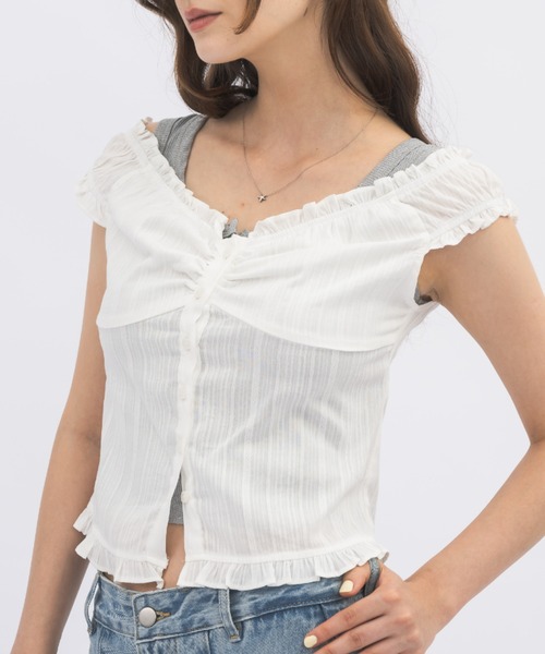 idem(イデム)の「2way shirring puff frill blouse/ 2wayコットンパフスリブラウス(シャツ/ブラウス・レディース・ブルー/ホワイト・FREE)」の19枚目の写真