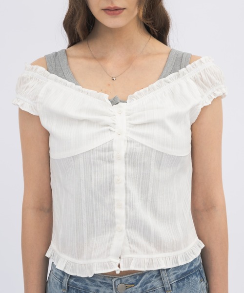 idem(イデム)の「2way shirring puff frill blouse/ 2wayコットンパフスリブラウス(シャツ/ブラウス・レディース・ブルー/ホワイト・FREE)」の22枚目の写真