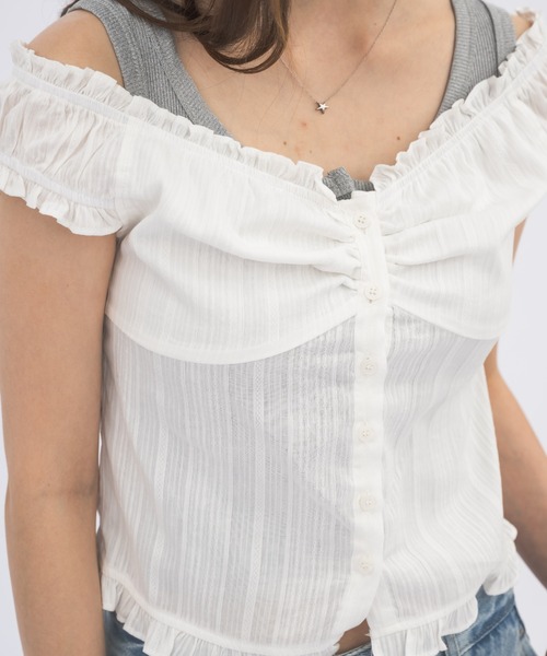 ブラウス シャツ 2way shirring puff frill blouse/ 2wayコットンパフスリブラウス レディース プチプラバー釦とろみブラウス（シャツ/ブラウス）｜natural