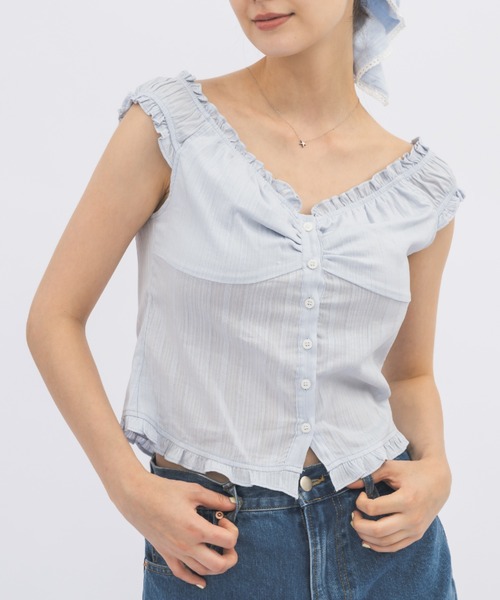 ブラウス シャツ 2way shirring puff frill blouse/ 2wayコットンパフスリブラウス レディース ブラウス シャツ 2way shirring puff frill blouse/ 2way