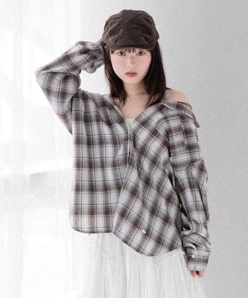 Heather（ヘザー）の「【着回し力も肌見せも、着方次第で女っぽく】マルチWAYBIGチェックシャツ　590779（シャツ/ブラウス・レディース・ブラウン/ブラック/ネイビー/チャコールグレー・FREE）」の22枚目の写真