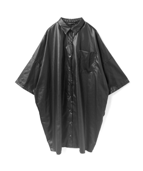 mizuiroind（ミズイロインド）の「mizuiro ind グロッシーワイドハーフスリーブシャツワンピース（ワンピース・レディース・グレー/ブラック/ネイビー・FREE）」の2枚目の写真