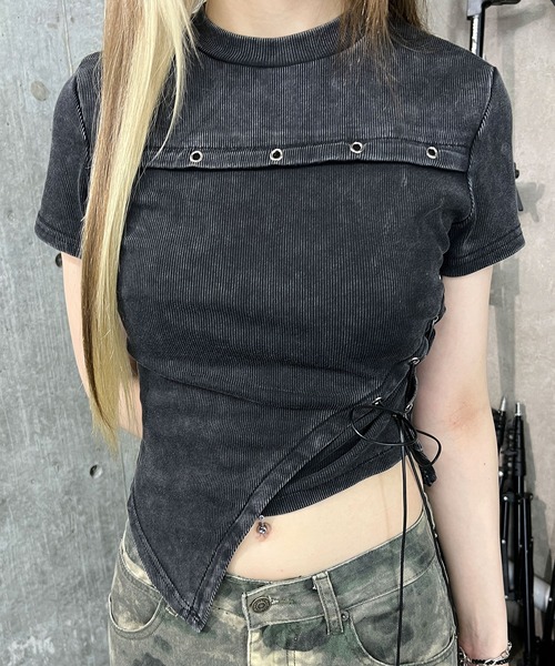 Figments(フィグメンツ)の「アイレットコードT(Tシャツ/カットソー・レディース・ブラック・FREE)」の1枚目の写真