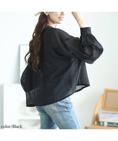 GOLDJAPAN(ゴールドジャパン)の「ボリュームスリーブクロップドシアーブラウス【大きいサイズ対応】(シャツ/ブラウス・レディース・ブルー/ブラック/モカ・LL~3L/4L~5L)」の12枚目の写真