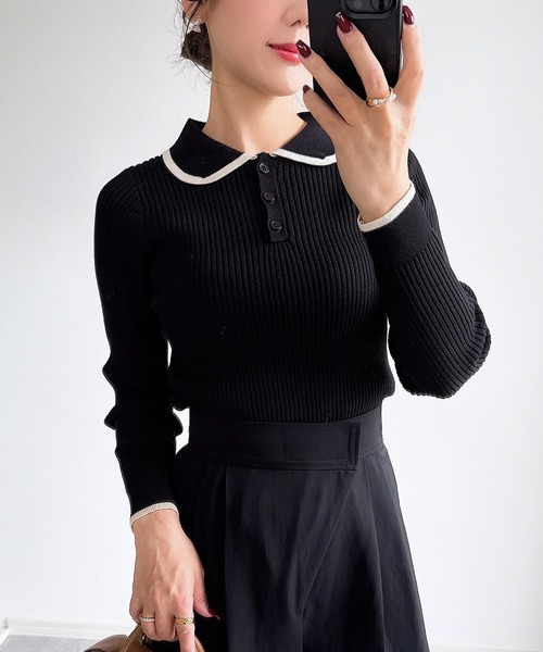 &. NOSTALGIA（アンドドットノスタルジア）の「【ZOZO限定】配色ニットポロ（ニット/セーター・レディース・ブラウン/アイボリー/ブラック/グレー・M）」の3枚目の写真