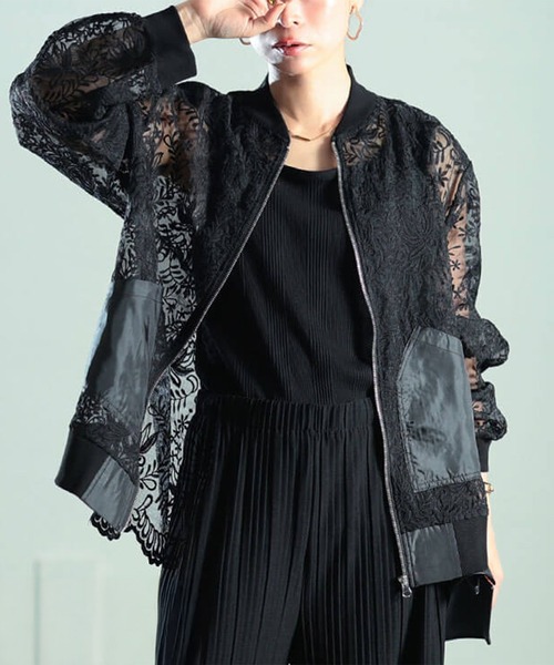 美品 kolor カラー レース切替 ジャケット 異素材デザイン ブルゾン 1 セール】花柄レース異素材切り替えMA-1ブルゾン【大きいサイズ対応