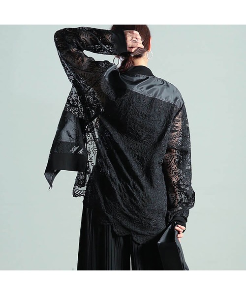 セール】花柄レース異素材切り替えMA-1ブルゾン【大きいサイズ対応