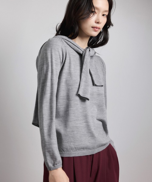 Drawer 16G天竺 ギャザープルオーバーニット ピンク 薄手 長袖トップス 袖ギャザークルーネックニットプルオーバー/イージーケア（ニット