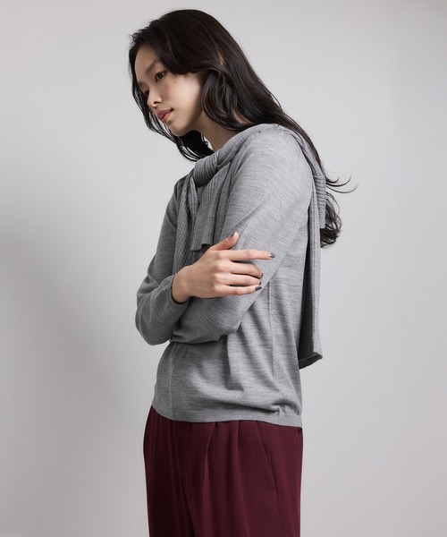 ドゥロワー ギャザー ニット プルオーバー ウール パープル クルーネック薄手 セール】袖ギャザークルーネックニットプルオーバー/イージーケア