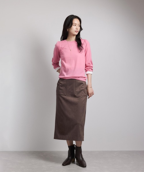 袖ギャザークルーネックニットプルオーバー/イージーケア（ニット