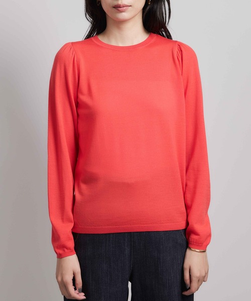 セール】袖ギャザークルーネックニットプルオーバー/イージーケア