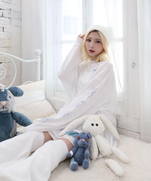 Whinny（ホワイニー）の「Whinny/転がり系闇うさロンT（Tシャツ/カットソー・レディース・サックスブルー/ブラック/ホワイト・FREE）」の5枚目の写真