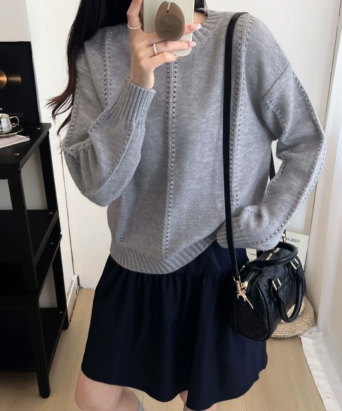 Miniministore(ミニミニストア)の「ニットトップス 秋冬クルーネックセーター(ニット/セーター・レディース・イエロー×グリーン/アイボリー/ブルー/グレー・FREE)」の2枚目の写真