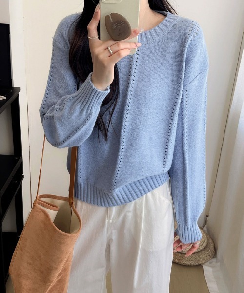 Miniministore(ミニミニストア)の「ニットトップス 秋冬クルーネックセーター(ニット/セーター・レディース・イエロー×グリーン/アイボリー/ブルー/グレー・FREE)」の3枚目の写真