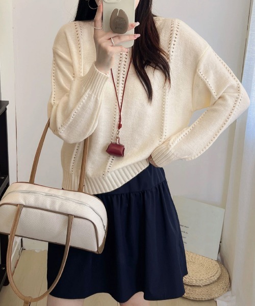 Miniministore(ミニミニストア)の「ニットトップス 秋冬クルーネックセーター(ニット/セーター・レディース・イエロー×グリーン/アイボリー/ブルー/グレー・FREE)」の5枚目の写真