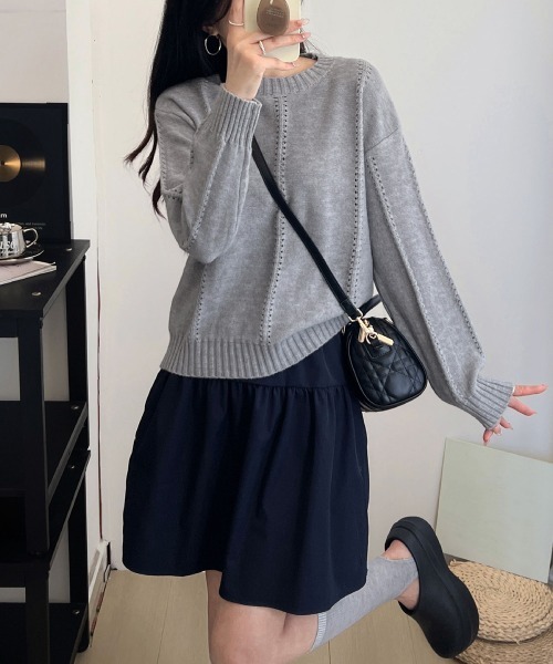Miniministore(ミニミニストア)の「ニットトップス 秋冬クルーネックセーター(ニット/セーター・レディース・イエロー×グリーン/アイボリー/ブルー/グレー・FREE)」の9枚目の写真