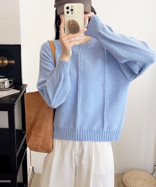 Miniministore(ミニミニストア)の「ニットトップス 秋冬クルーネックセーター(ニット/セーター・レディース・イエロー×グリーン/アイボリー/ブルー/グレー・FREE)」の10枚目の写真