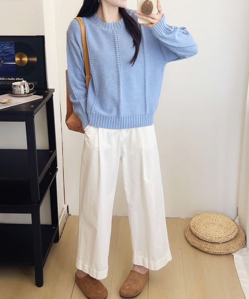 Miniministore(ミニミニストア)の「ニットトップス 秋冬クルーネックセーター(ニット/セーター・レディース・イエロー×グリーン/アイボリー/ブルー/グレー・FREE)」の11枚目の写真