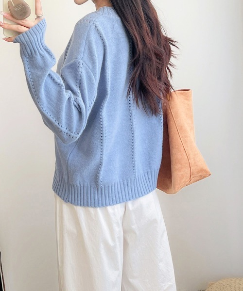 Miniministore(ミニミニストア)の「ニットトップス 秋冬クルーネックセーター(ニット/セーター・レディース・イエロー×グリーン/アイボリー/ブルー/グレー・FREE)」の12枚目の写真