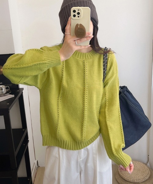 Miniministore(ミニミニストア)の「ニットトップス 秋冬クルーネックセーター(ニット/セーター・レディース・イエロー×グリーン/アイボリー/ブルー/グレー・FREE)」の13枚目の写真