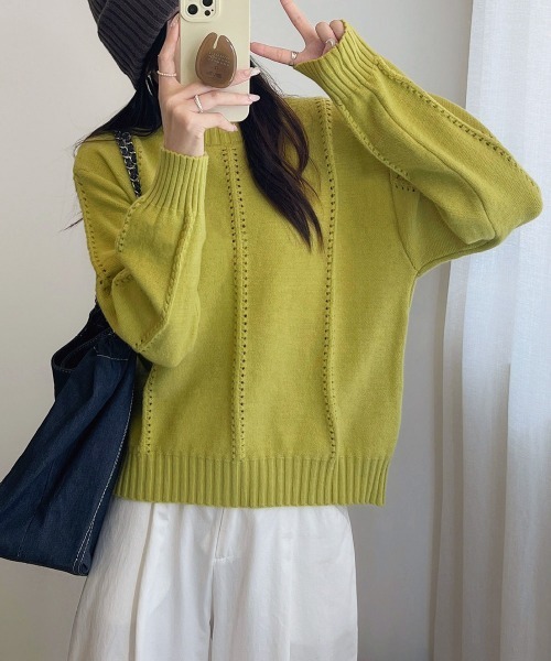 Miniministore(ミニミニストア)の「ニットトップス 秋冬クルーネックセーター(ニット/セーター・レディース・イエロー×グリーン/アイボリー/ブルー/グレー・FREE)」の14枚目の写真