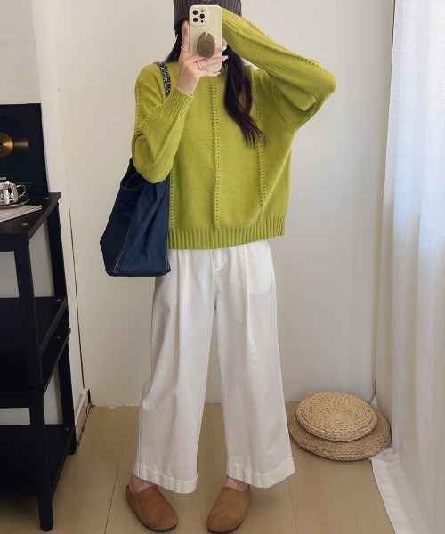 Miniministore(ミニミニストア)の「ニットトップス 秋冬クルーネックセーター(ニット/セーター・レディース・イエロー×グリーン/アイボリー/ブルー/グレー・FREE)」の15枚目の写真