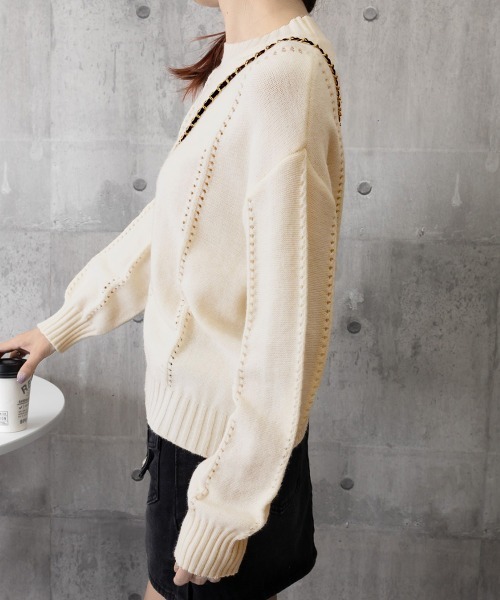 Miniministore(ミニミニストア)の「ニットトップス 秋冬クルーネックセーター(ニット/セーター・レディース・イエロー×グリーン/アイボリー/ブルー/グレー・FREE)」の17枚目の写真