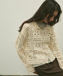 Flower patch crochet polo cardigan / フラワーパッチクロシェポロカーデ