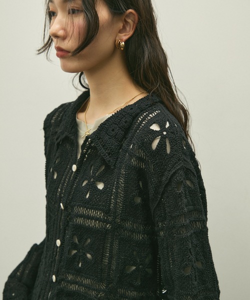 Flower patch crochet polo cardigan / フラワーパッチクロシェポロ