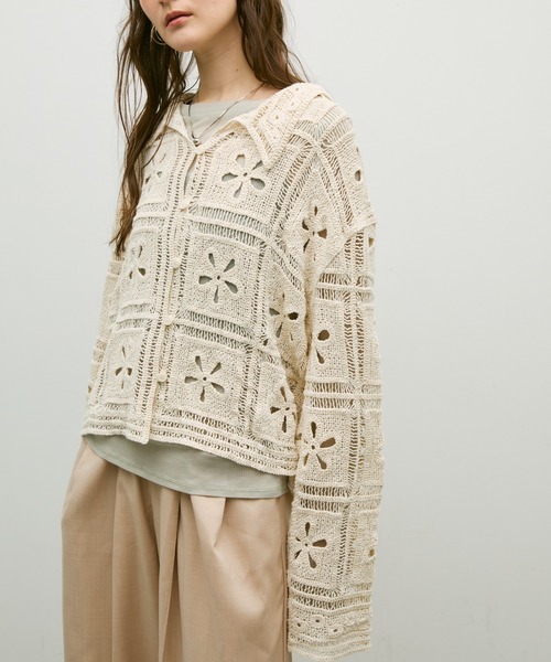 セール】Flower patch crochet polo cardigan / フラワーパッチ
