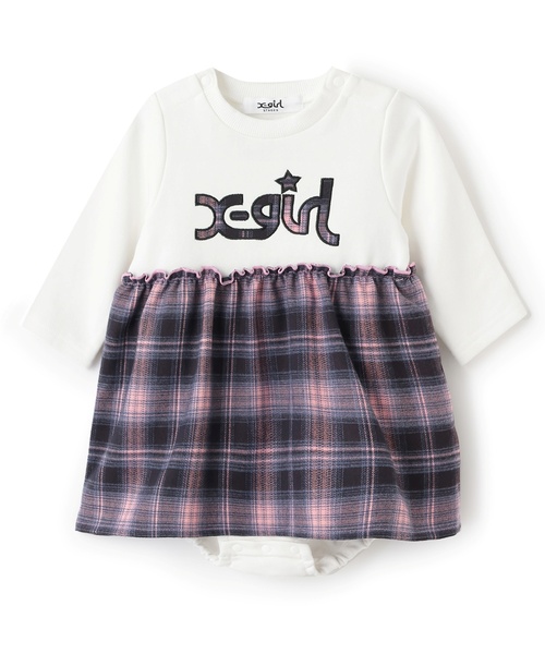 X-girl Stages（エックスガールステージス）の「チェックロゴワンピース風カバーオール（ロンパース・キッズ・ブラック/アイボリー・70cm）」の2枚目の写真