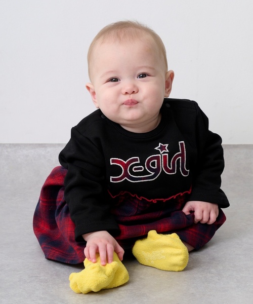 X-girl Stages（エックスガールステージス）の「チェックロゴワンピース風カバーオール（ロンパース・キッズ・ブラック/アイボリー・70cm）」の3枚目の写真