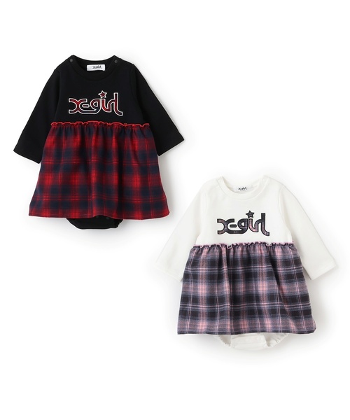 X-girl Stages（エックスガールステージス）の「チェックロゴワンピース風カバーオール（ロンパース・キッズ・ブラック/アイボリー・70cm）」の6枚目の写真
