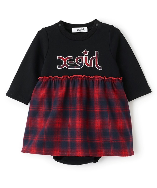 X-girl Stages（エックスガールステージス）の「チェックロゴワンピース風カバーオール（ロンパース・キッズ・ブラック/アイボリー・70cm）」の7枚目の写真