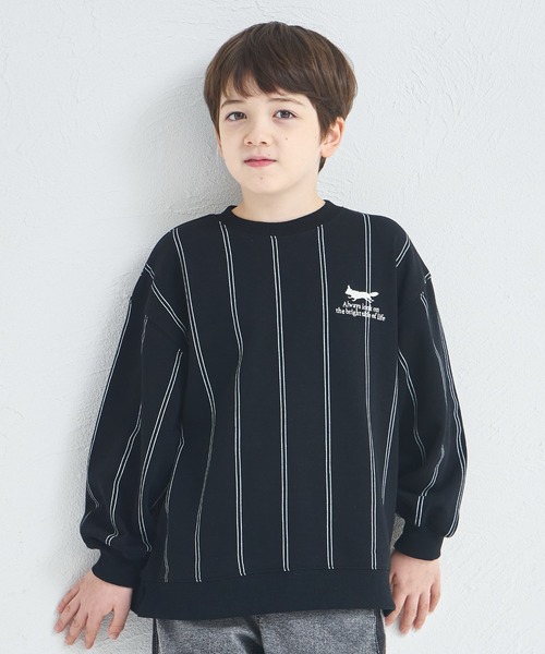 セール】【サラッとスウェット】ユニセックス きつね刺繍 ストライプ裏