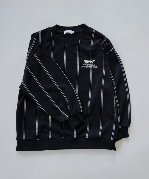 セール】【サラッとスウェット】ユニセックス きつね刺繍 ストライプ裏