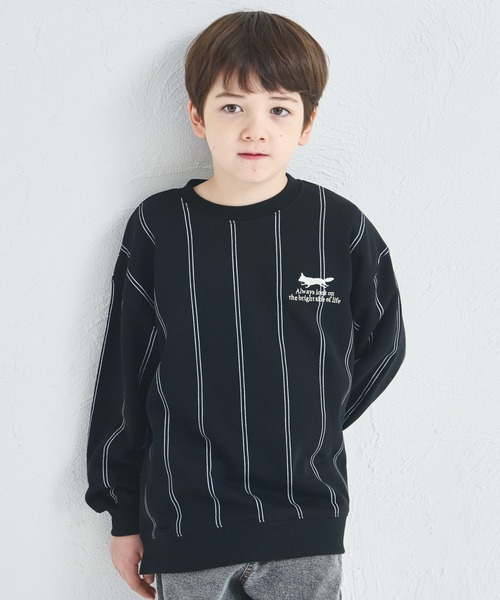 セール】【サラッとスウェット】ユニセックス きつね刺繍 ストライプ裏