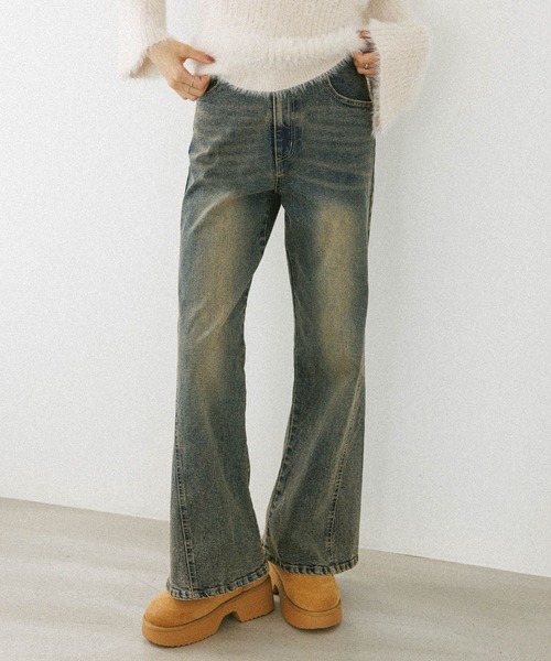 Heather（ヘザー）の「【ウエストサイドボタンで自由にフィット】ハイウエストワイドフレアデニムパンツ　606097（デニムパンツ・レディース・ブラウン/グレー/ブルー/ライトブルー・S/M）」の4枚目の写真