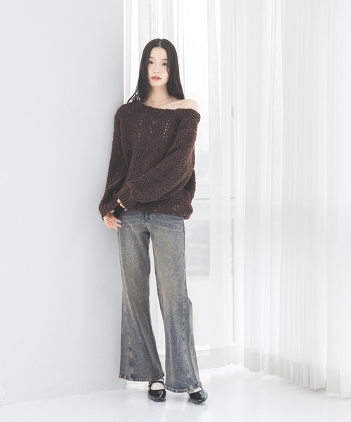 Heather（ヘザー）の「【ウエストサイドボタンで自由にフィット】ハイウエストワイドフレアデニムパンツ　606097（デニムパンツ・レディース・ブラウン/グレー/ブルー/ライトブルー・S/M）」の9枚目の写真