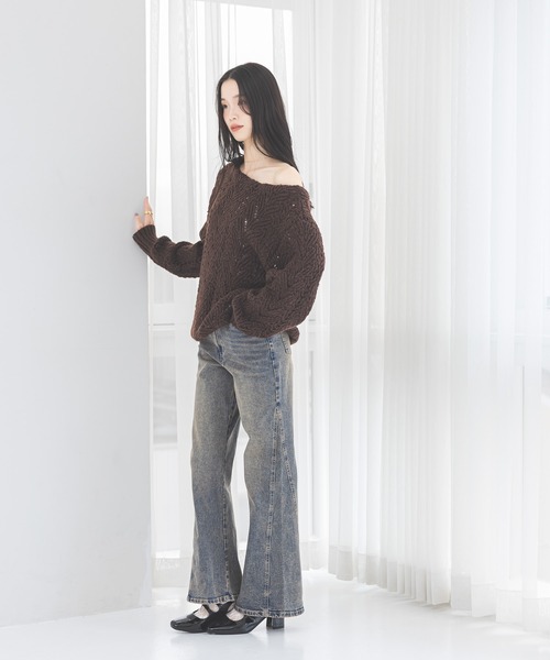 Heather（ヘザー）の「【ウエストサイドボタンで自由にフィット】ハイウエストワイドフレアデニムパンツ　606097（デニムパンツ・レディース・ブラウン/グレー/ブルー/ライトブルー・S/M）」の10枚目の写真