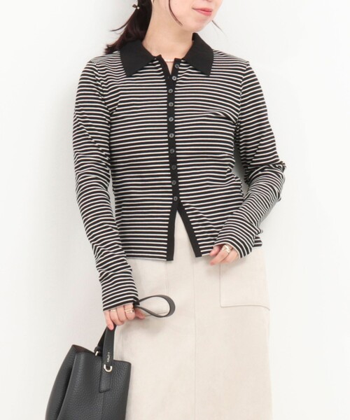 fredy couleur(フレディクルール)の「ボーダーリブ衿付きカーディガン(ニット/セーター・レディース・グレー系その他/ホワイト系その他2/ブラック系その他・38)」の2枚目の写真