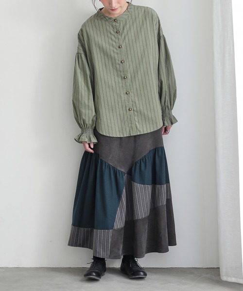 n'OrLABEL(ノアールレーベル)の「ストライププリントコーデュロイブラウス(シャツ/ブラウス・レディース・グリーン/ベージュ・FREE)」の7枚目の写真