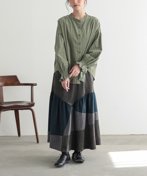 n'OrLABEL(ノアールレーベル)の「ストライププリントコーデュロイブラウス(シャツ/ブラウス・レディース・グリーン/ベージュ・FREE)」の8枚目の写真